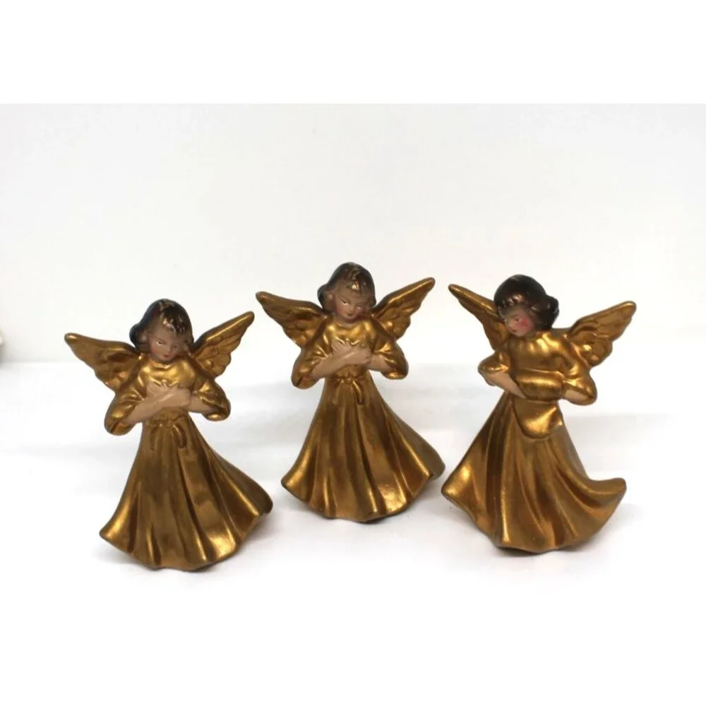 Vintage Set of 3 Christmas Angel Figurines Japan MCM Metallic Gold Hand Painted
